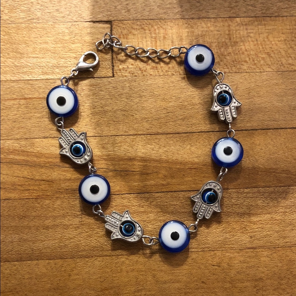 Evil Eye Hamsa Charm Bracelet - Blue and Silver